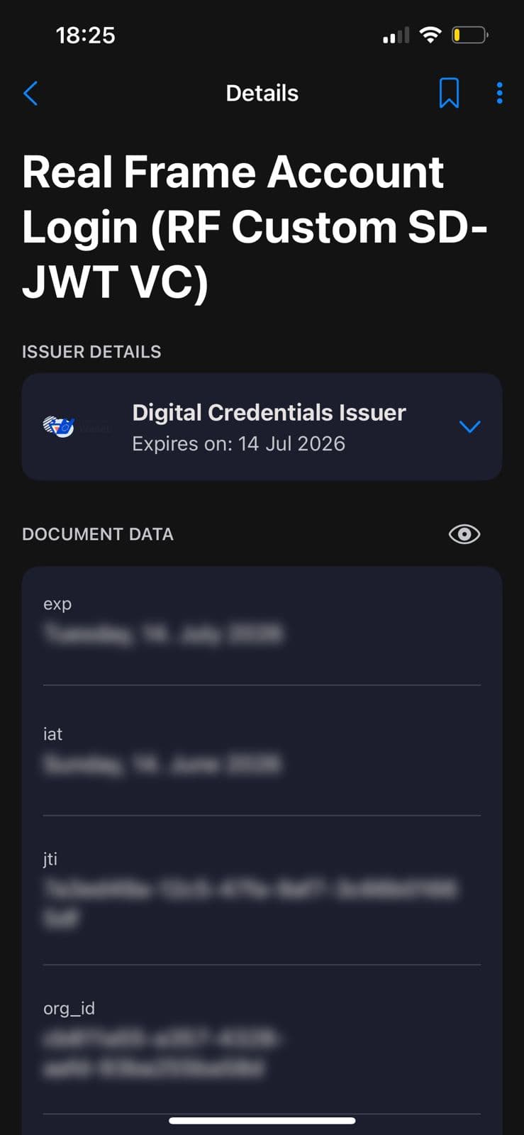 A credential opened in the EU Digital Identity Wallet, showing its issuer, fields, and expiry
