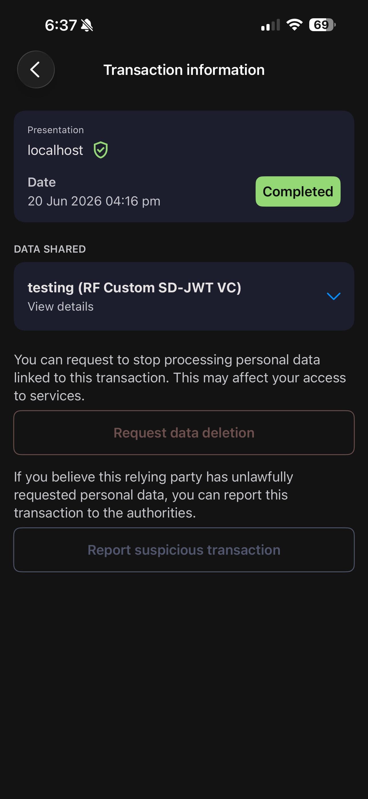 Transaction information screen showing a completed, verified presentation